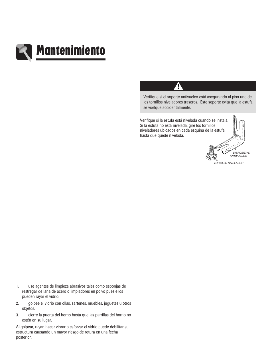 Mantenimiento, Ventana del horno, Tornillos niveladores | Precaución | Maytag 8113P645-60 User Manual | Page 53 / 68