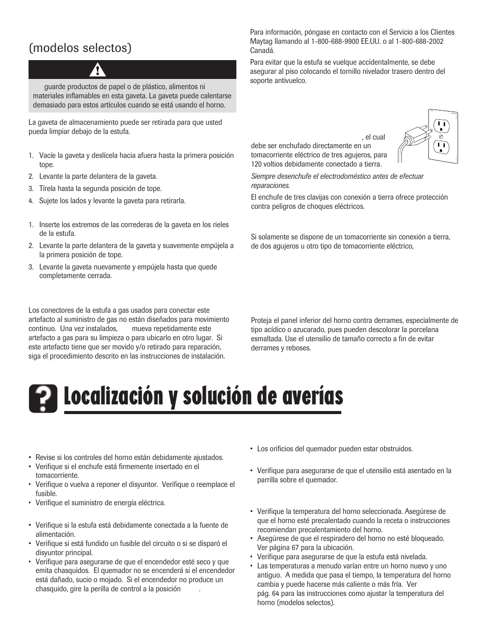 Localización y solución de averías, Gaveta de almacenamiento, Retiro de la estufa a gas | Conexión eléctrica, Panel inferior del horno, Modelos selectos), Precaución | Maytag 8113P645-60 User Manual | Page 54 / 68