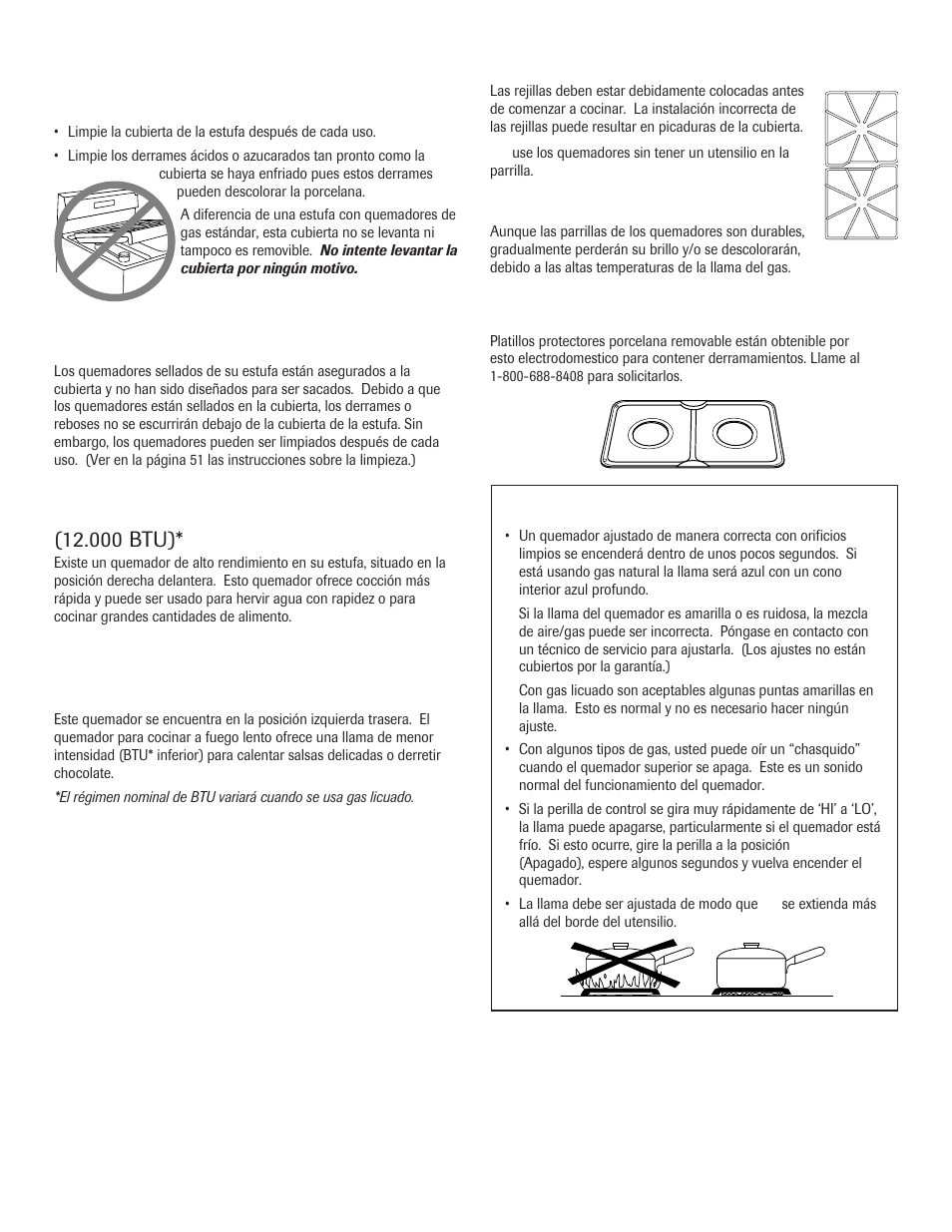 Cubierta, Quemadores sellados, Quemador de alto rendimiento | Quemador para cocinar a fuego lento, Rejillas de los quemadores | Maytag 8113P645-60 User Manual | Page 57 / 68