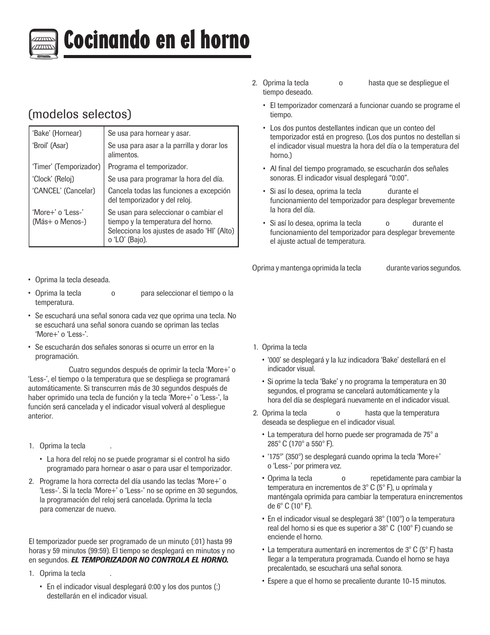 Cocinando en el horno, Controles del horno de limpieza manual, Uso de las teclas | Horneado, asado y asado a la parrilla, Modelos selectos), Programación del reloj, Programación del temporizador | Maytag 8113P645-60 User Manual | Page 58 / 68
