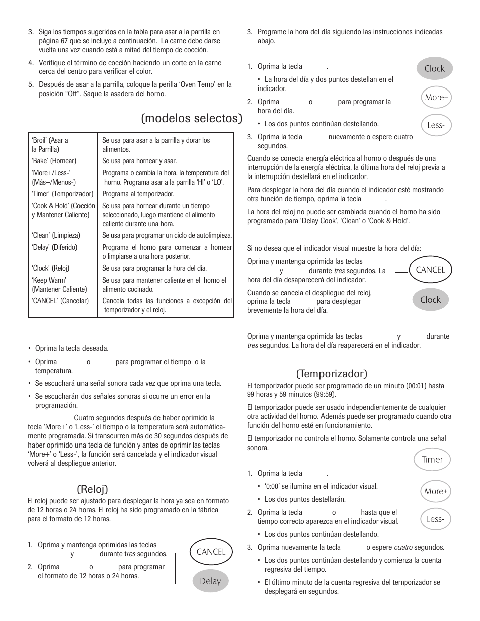 Panel de control, Clock, Uso de las teclas | Timer, Modelos selectos), Reloj), Temporizador) | Maytag 8113P645-60 User Manual | Page 60 / 68