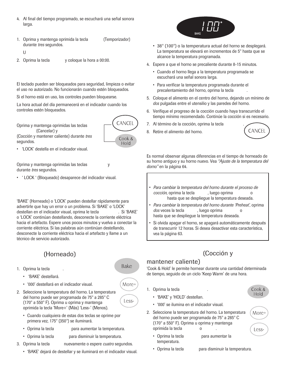 Bloqueo de los controles, Códigos de errores, Bake | Cook & hold, Notas, Horneado), Cocción y mantener caliente) | Maytag 8113P645-60 User Manual | Page 61 / 68