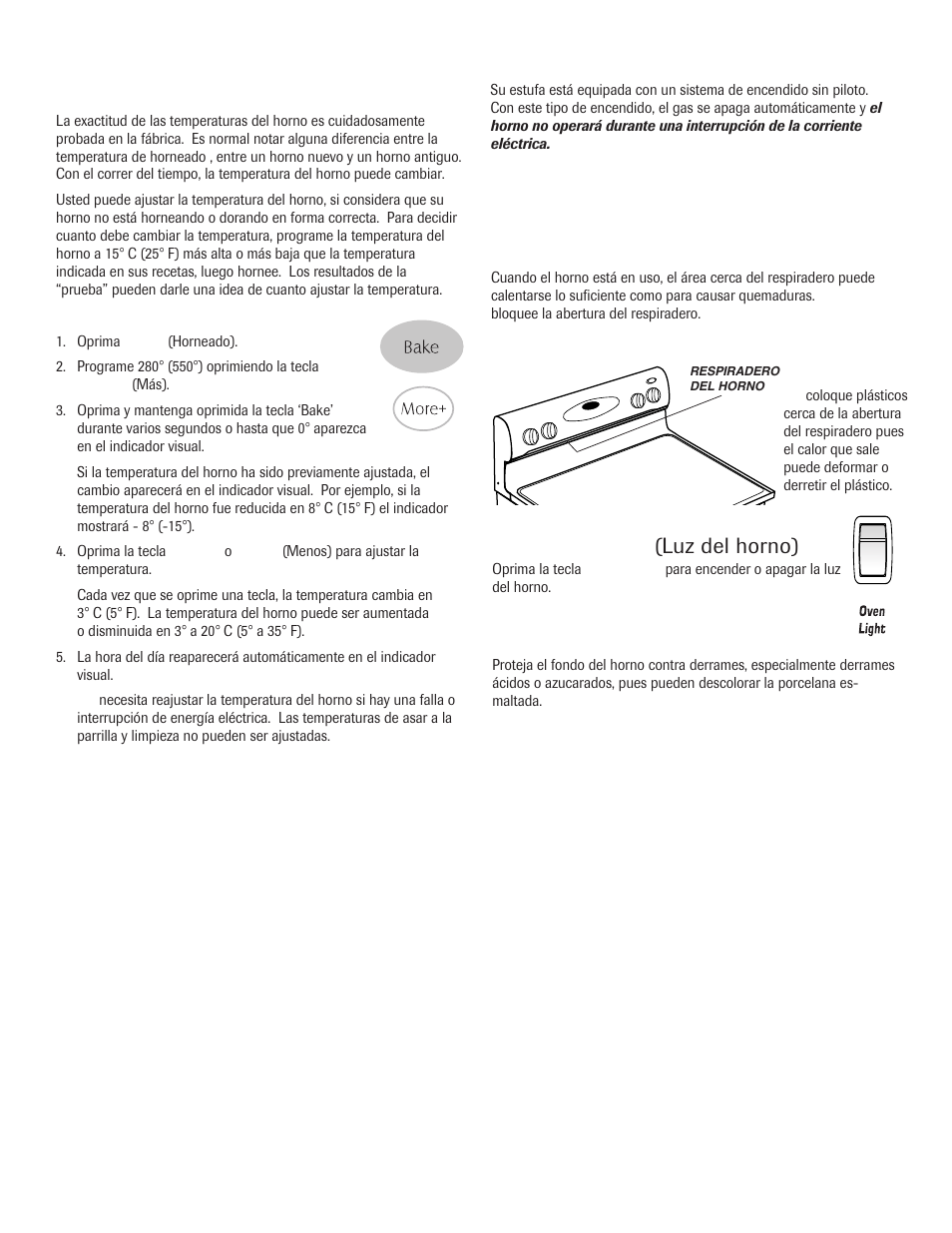 Ajuste de la temperatura del horno, Oven light, Fondo del horno | Respiradero del horno, Encendido sin piloto, Luz del horno) | Maytag 8113P645-60 User Manual | Page 65 / 68