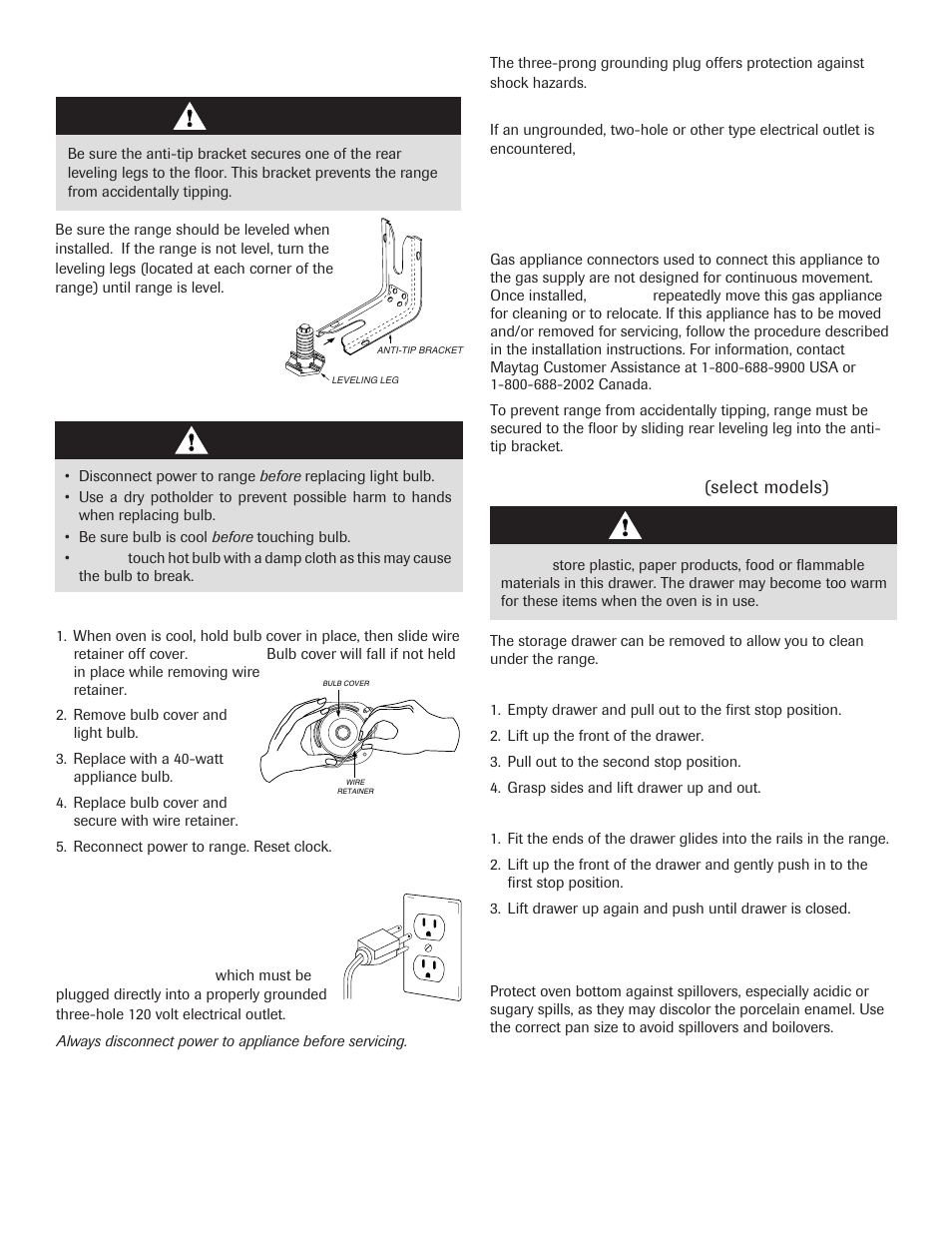 Leveling legs, Oven light, Storage drawer | Oven bottom, Removal of gas appliance, Electrical connection, Caution | Maytag 8113P645-60 User Manual | Page 9 / 68