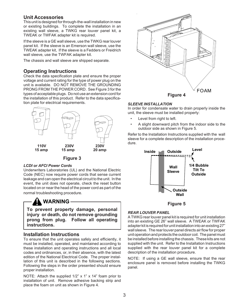 Unit accessories, Operating instructions, Installation instructions | Warning | Maytag Thru-the-Wall Room Air Conditioner User Manual | Page 3 / 8