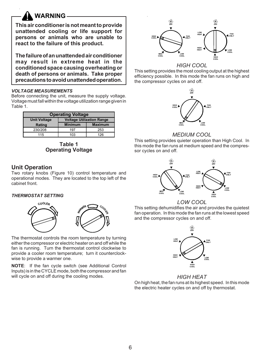 Unit operation, Warning, Table 1 operating voltage | High cool, Medium cool, Low cool, High heat | Maytag Thru-the-Wall Room Air Conditioner User Manual | Page 6 / 8