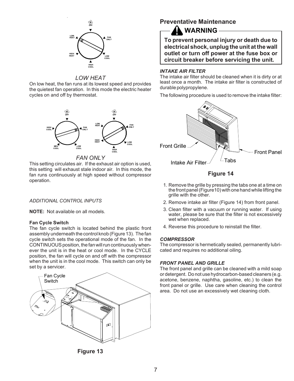 Preventative maintenance, Warning, Low heat | Fan only, Figure 13, Figure 14, Front grille intake air filter front panel tabs | Maytag Thru-the-Wall Room Air Conditioner User Manual | Page 7 / 8