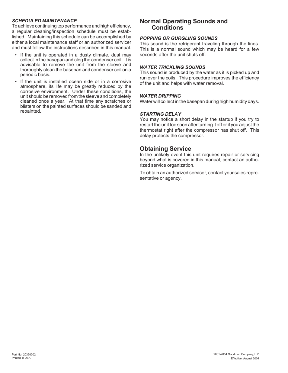 Normal operating sounds and conditions, Obtaining service | Maytag Thru-the-Wall Room Air Conditioner User Manual | Page 8 / 8