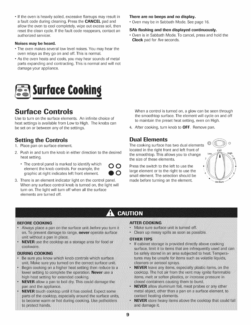 Surface controls, Setting the controls, Dual elements | Caution, Surface cookinjj, O o • o | Maytag AGS1740BDQ User Manual | Page 10 / 20