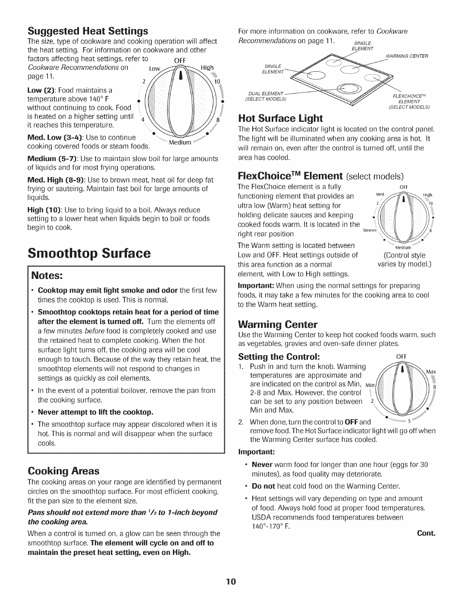 Smoothtop surface, Cooking areas, Hot surface light | Warming center, Setting the control, Suggested heat settings, Fiexchoice™ element | Maytag AGS1740BDQ User Manual | Page 11 / 20