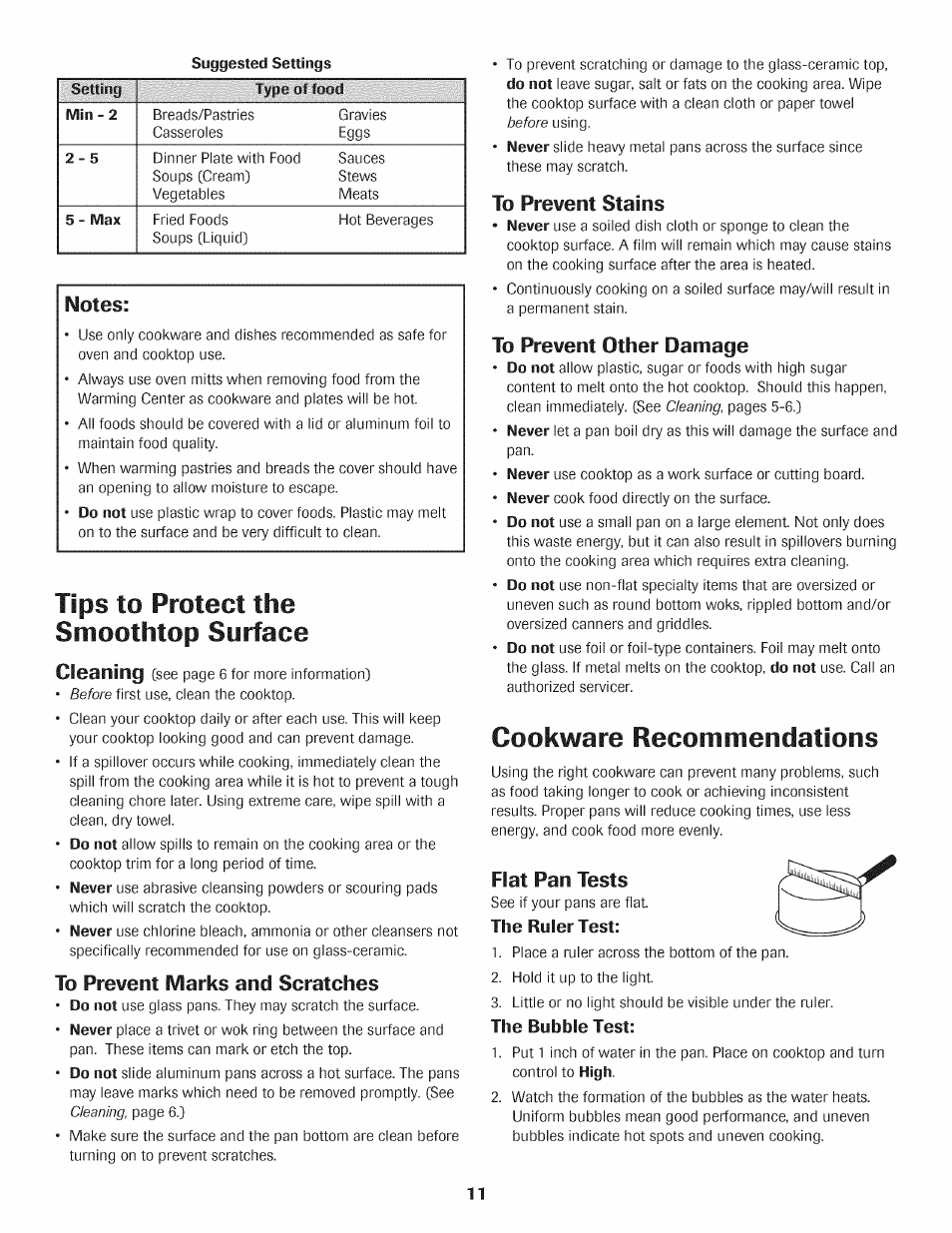 Tips to protect the smoothtop surface, To prevent marks and scratches, To prevent stains | To prevent other damage, Cookware recommendations, Flat pan tests, The ruler test, The bubble test | Maytag AGS1740BDQ User Manual | Page 12 / 20