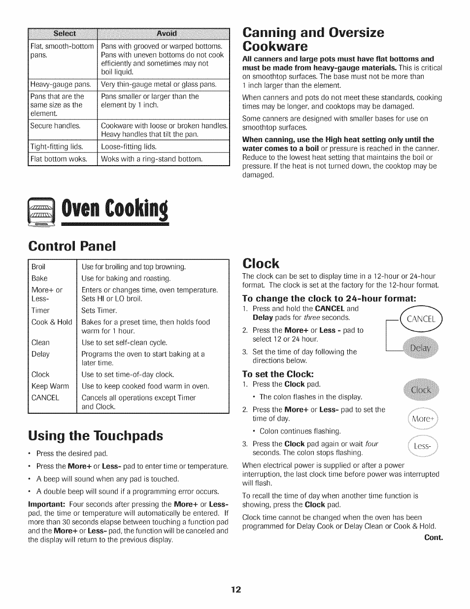 Control panel, Using the touchpads, Clock | To change the clock to 24-hour format, Oven cookin, Carming and owersize cookware | Maytag AGS1740BDQ User Manual | Page 13 / 20