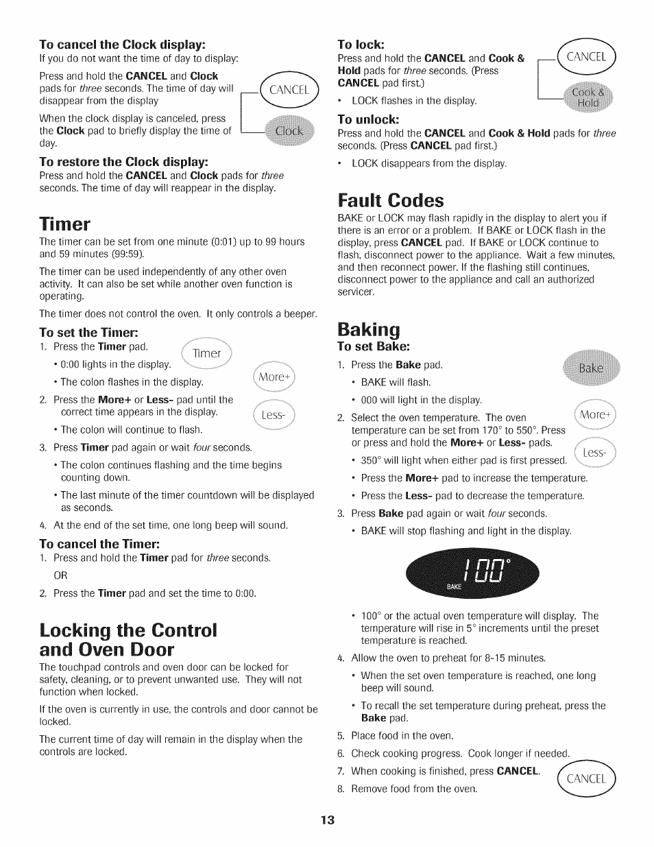 Timer, Locking the control and oven door, Fault codes | Baking | Maytag AGS1740BDQ User Manual | Page 14 / 20