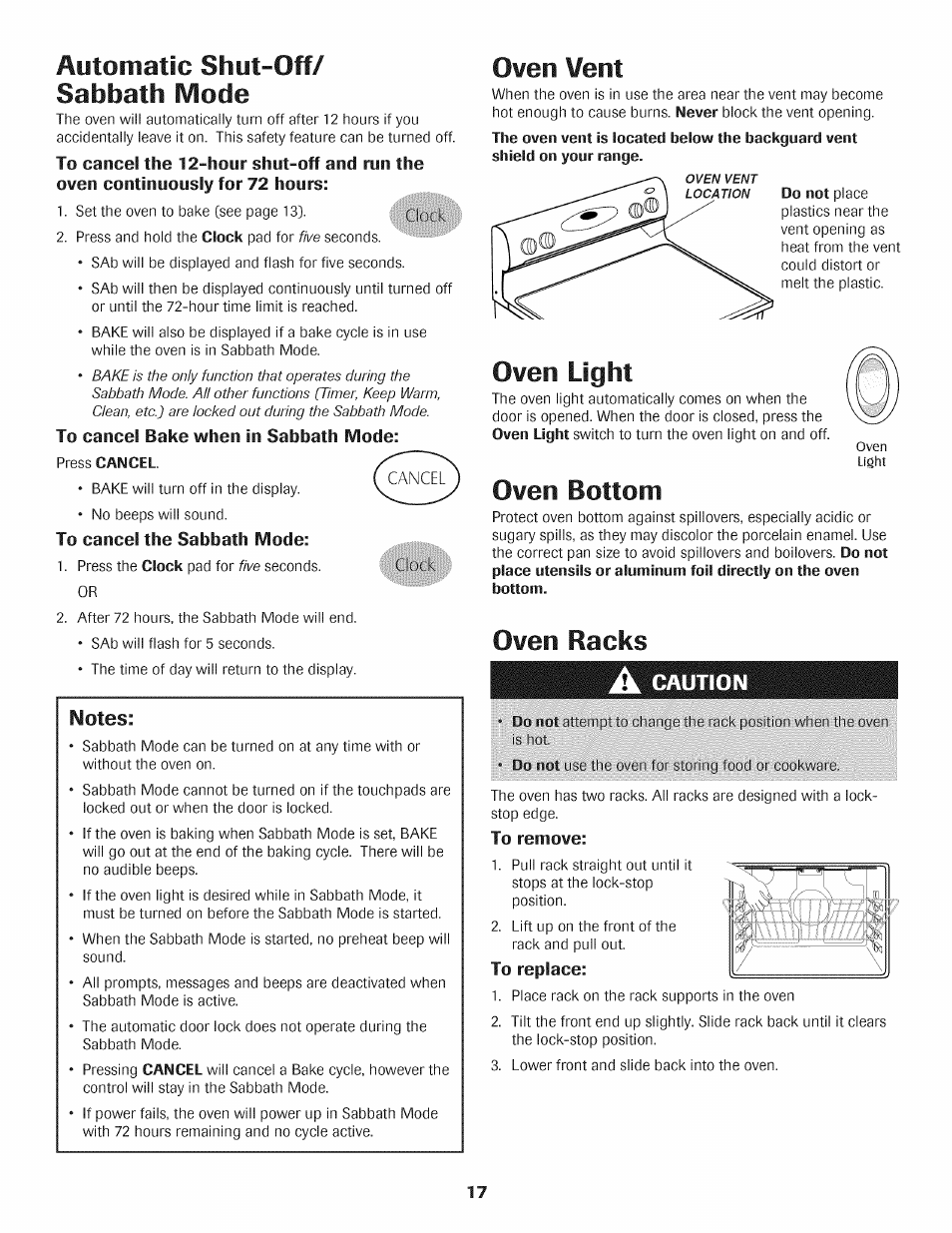 To cancel bake when in sabbath mode, To cancel the sabbath mode, Oven vent | Oven light, Oven bottom, Oven racks, A caution, To remove, To replace, Automatic shut-off/ sabbath mode | Maytag AGS1740BDQ User Manual | Page 18 / 20