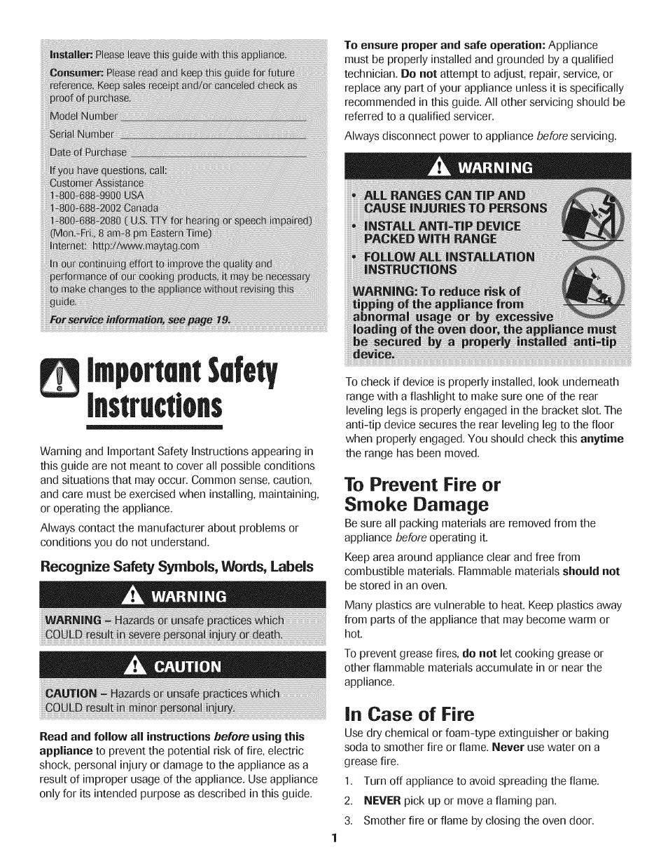 All ranges can tip and cause injuries to persons, Install anti-tip device packed with range, Follow all installation instructions | To prevent fire or smoke damage, In case of fire, I i important safety instructions | Maytag AGS1740BDQ User Manual | Page 2 / 20