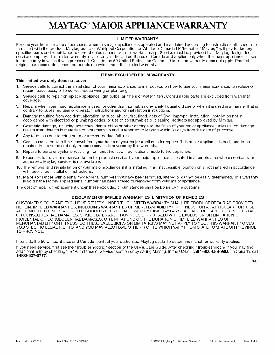 Maytag® major appliance warranty | Maytag AGS1740BDQ User Manual | Page 20 / 20