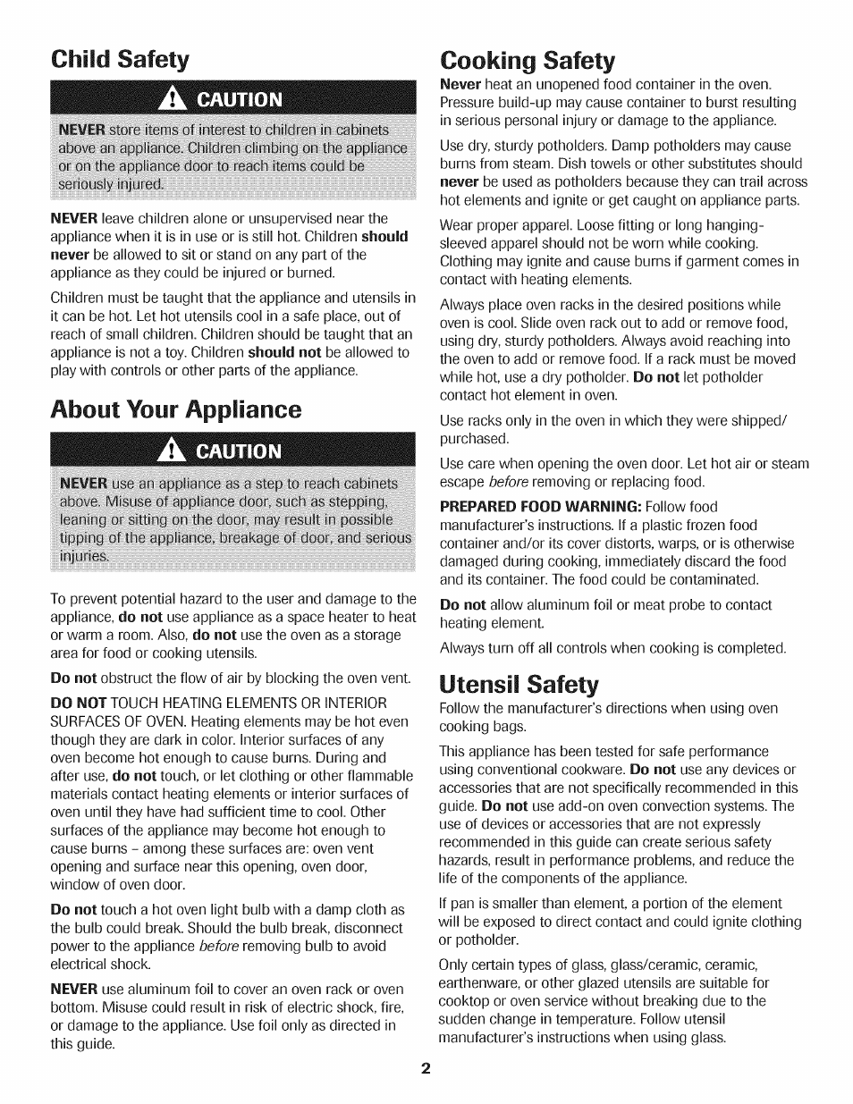 Utensil safety, Child safety cooking safety, About your appliance | Caution | Maytag AGS1740BDQ User Manual | Page 3 / 20