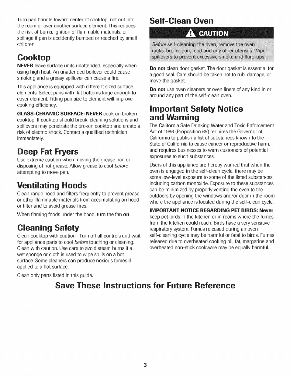 Ventilating hoods, Self-clean oven, Important safety notice and warning | Cooktop, Deep fat fryers, Cleaning safety, Save these instructions for future reference | Maytag AGS1740BDQ User Manual | Page 4 / 20