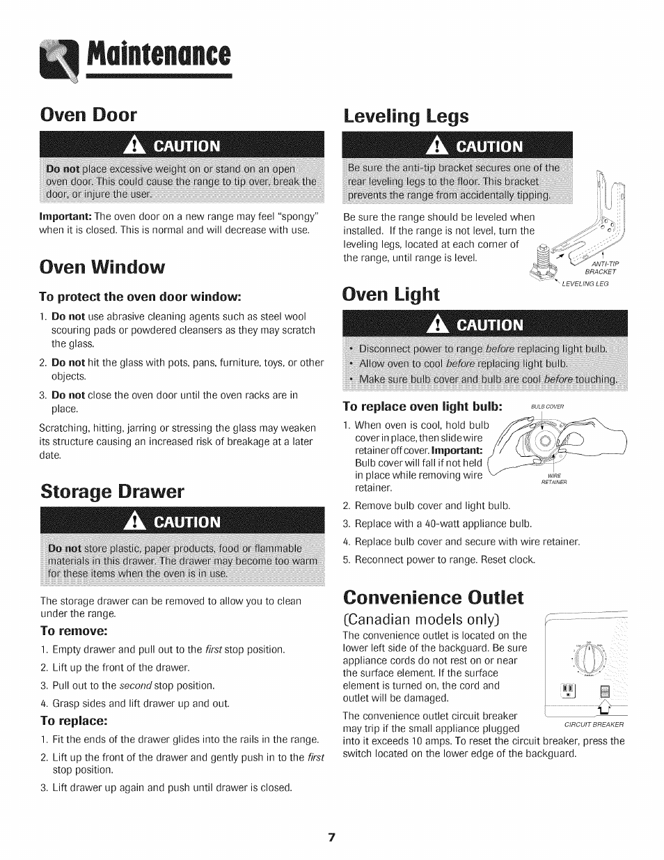 Oven window, To protect the oven door window, Storage drawer | To remove, To replace, To replace oven light bulb, Convenience outlet, J j maintenance, Owen door leweling legs, Oven light | Maytag AGS1740BDQ User Manual | Page 8 / 20