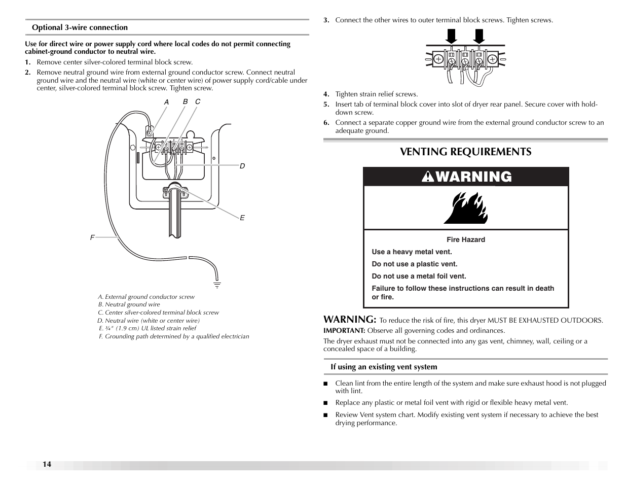 Venting requirements, Warning | Maytag ELECTRIC DYER User Manual | Page 14 / 72