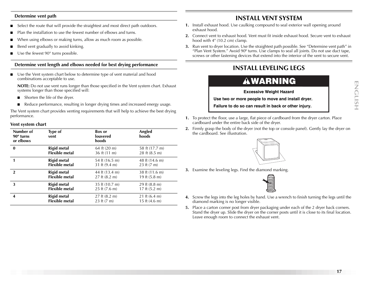 Warning, Install vent system, Install leveling legs | Maytag ELECTRIC DYER User Manual | Page 17 / 72