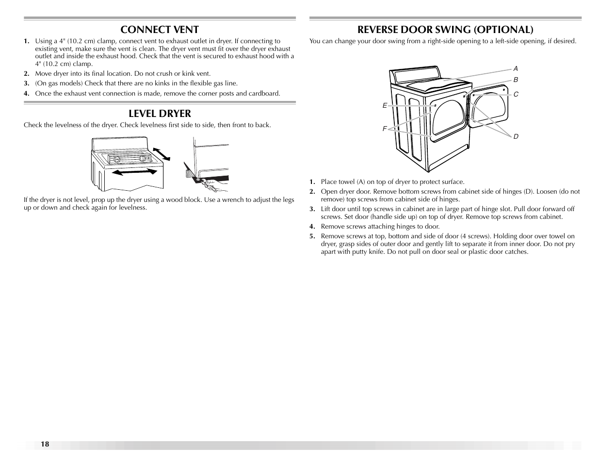 Connect vent, Level dryer, Reverse door swing (optional) | Maytag ELECTRIC DYER User Manual | Page 18 / 72