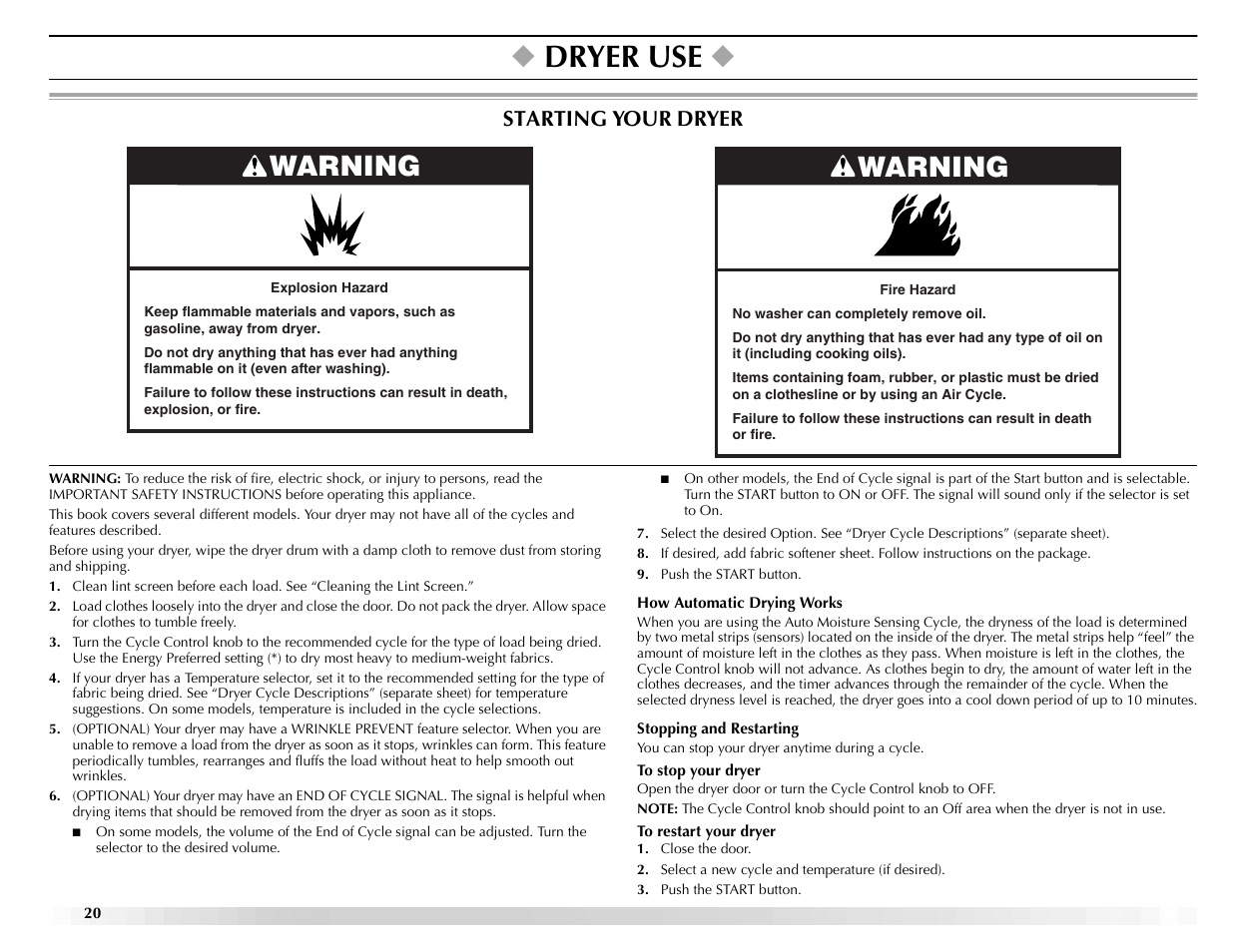 Dryer use, Warning, Starting your dryer | Maytag ELECTRIC DYER User Manual | Page 20 / 72