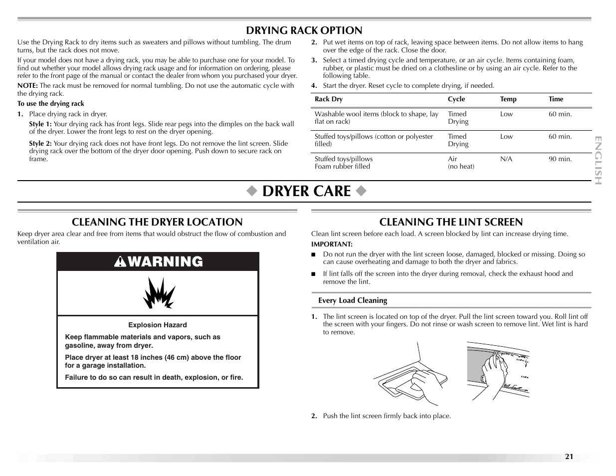 Dryer care, Warning, Drying rack option | Cleaning the dryer location, Cleaning the lint screen | Maytag ELECTRIC DYER User Manual | Page 21 / 72