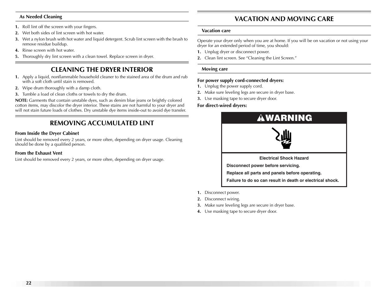 Warning, Cleaning the dryer interior, Removing accumulated lint | Vacation and moving care | Maytag ELECTRIC DYER User Manual | Page 22 / 72