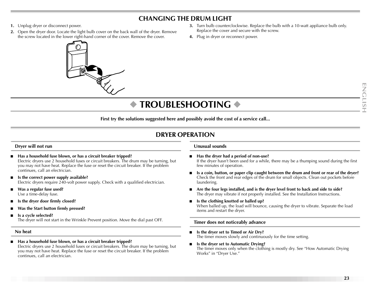 Troubleshooting, Changing the drum light, Dryer operation | Maytag ELECTRIC DYER User Manual | Page 23 / 72