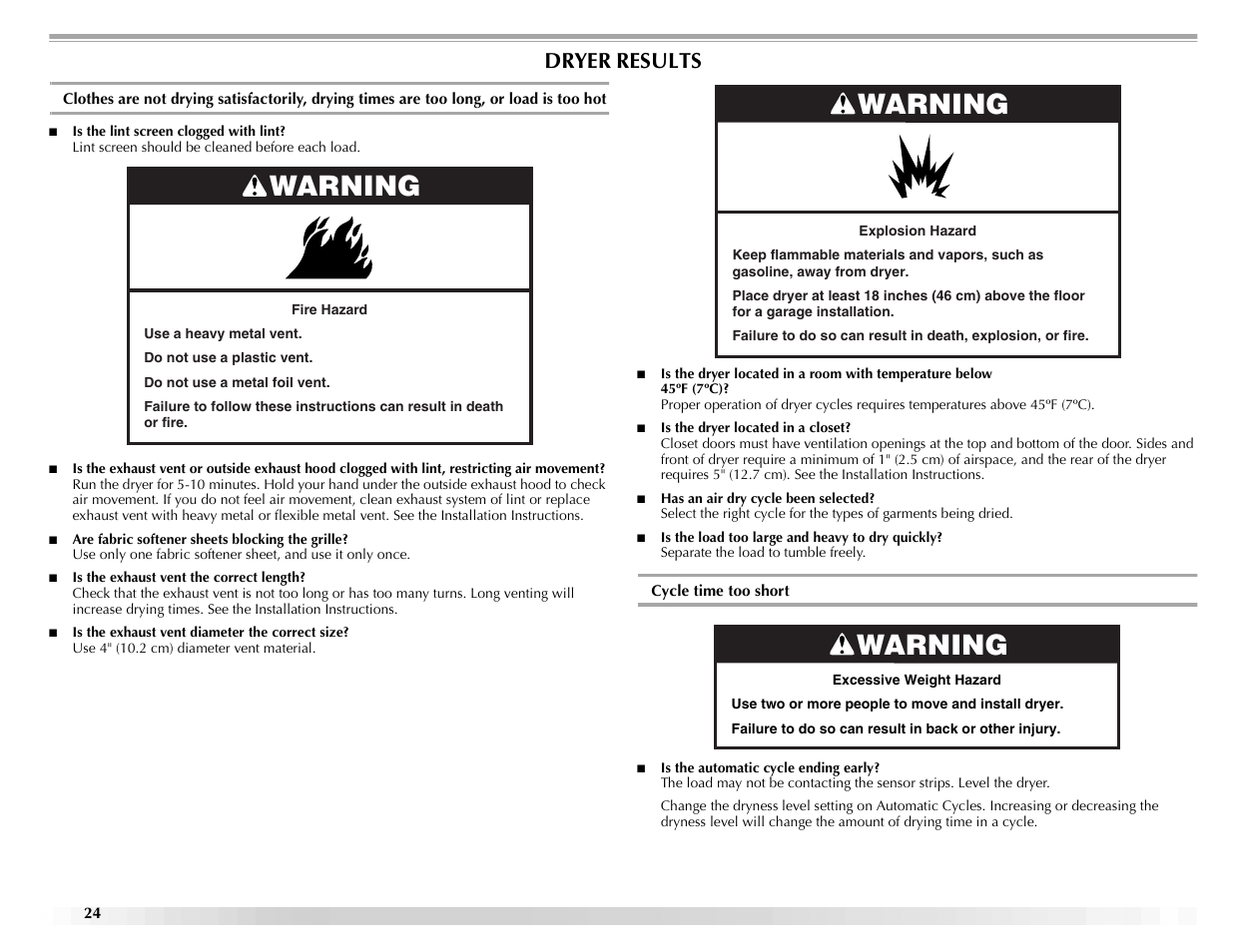 Warning, Dryer results | Maytag ELECTRIC DYER User Manual | Page 24 / 72