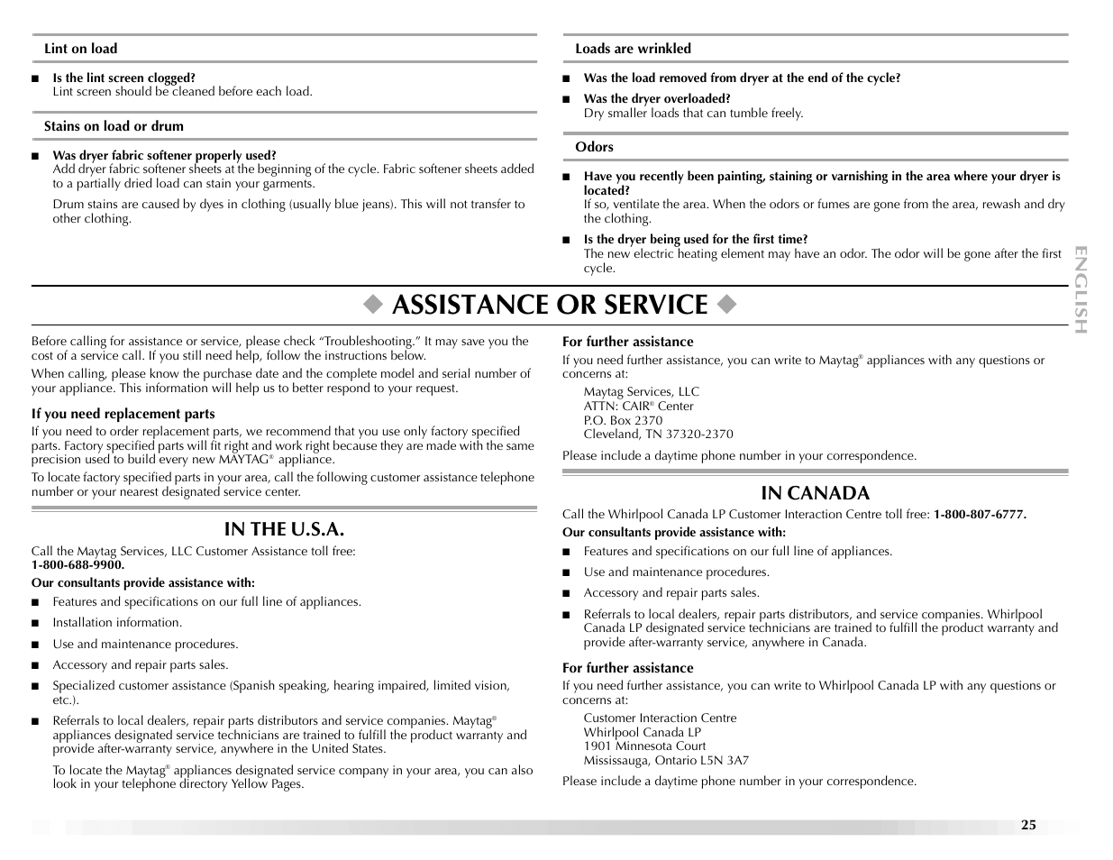 Assistance or service | Maytag ELECTRIC DYER User Manual | Page 25 / 72