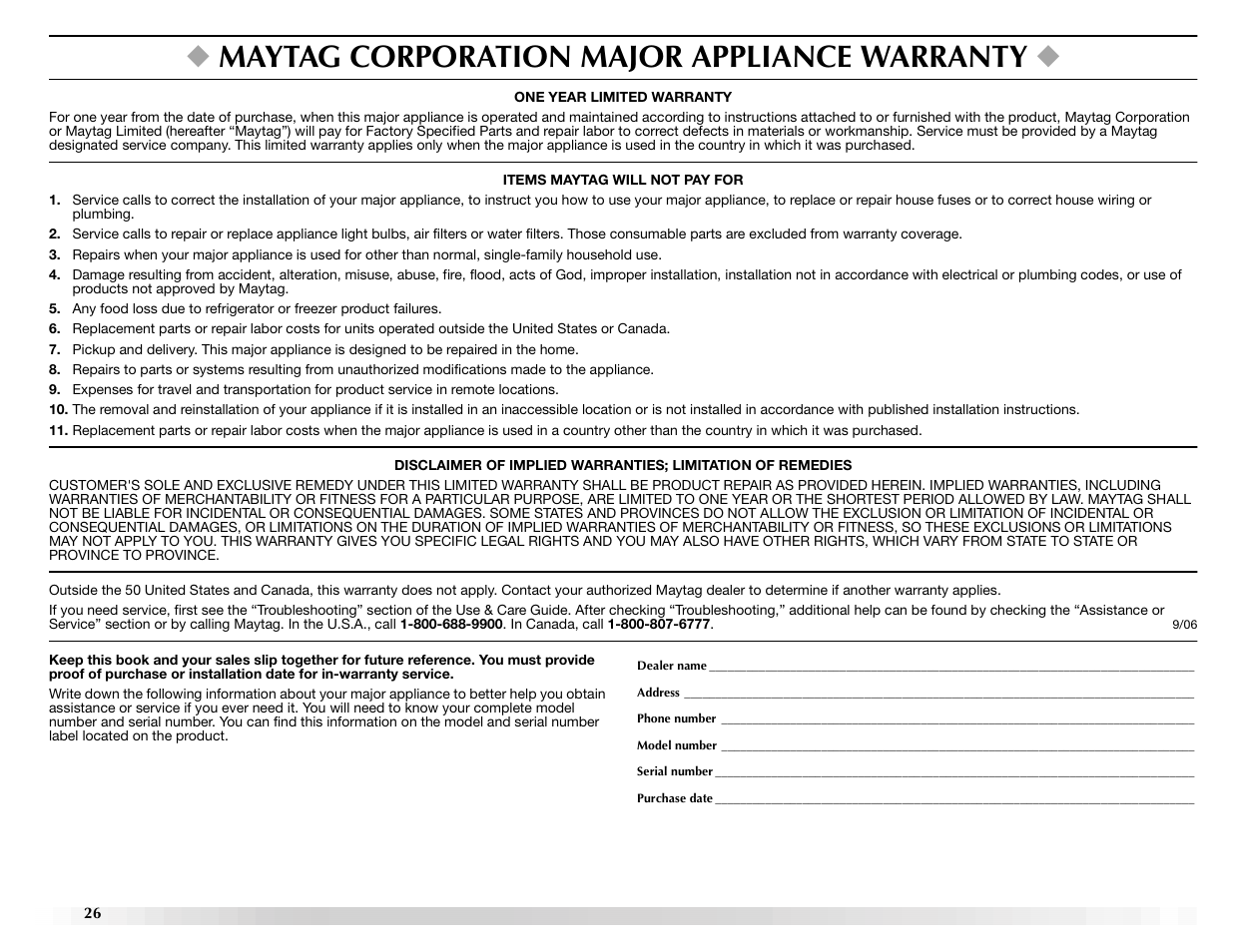 Maytag corporation major appliance warranty | Maytag ELECTRIC DYER User Manual | Page 26 / 72