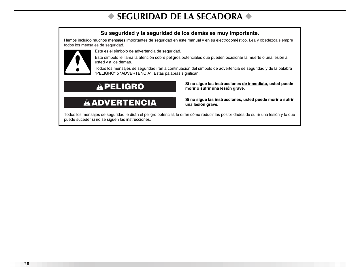 Seguridad de la secadora, Advertencia peligro | Maytag ELECTRIC DYER User Manual | Page 28 / 72