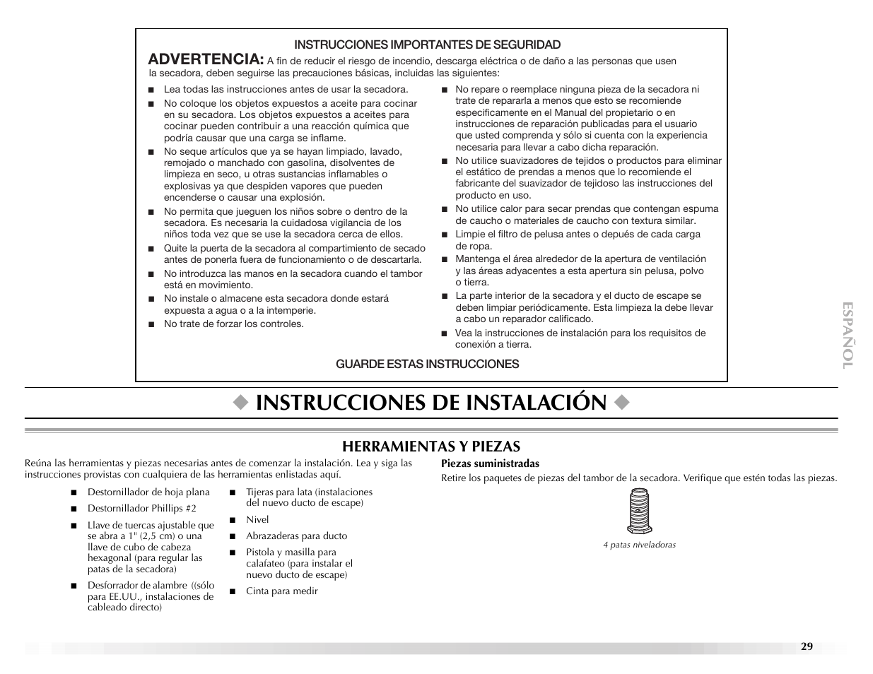 Instrucciones de instalación, Herramientas y piezas, Advertencia | Maytag ELECTRIC DYER User Manual | Page 29 / 72