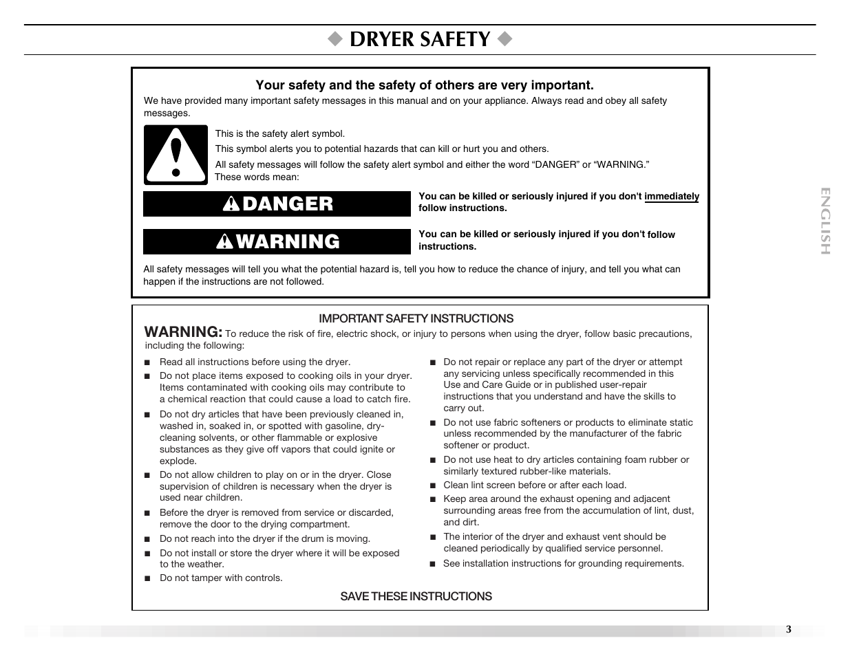 Dryer safety, Danger warning, Warning | Maytag ELECTRIC DYER User Manual | Page 3 / 72