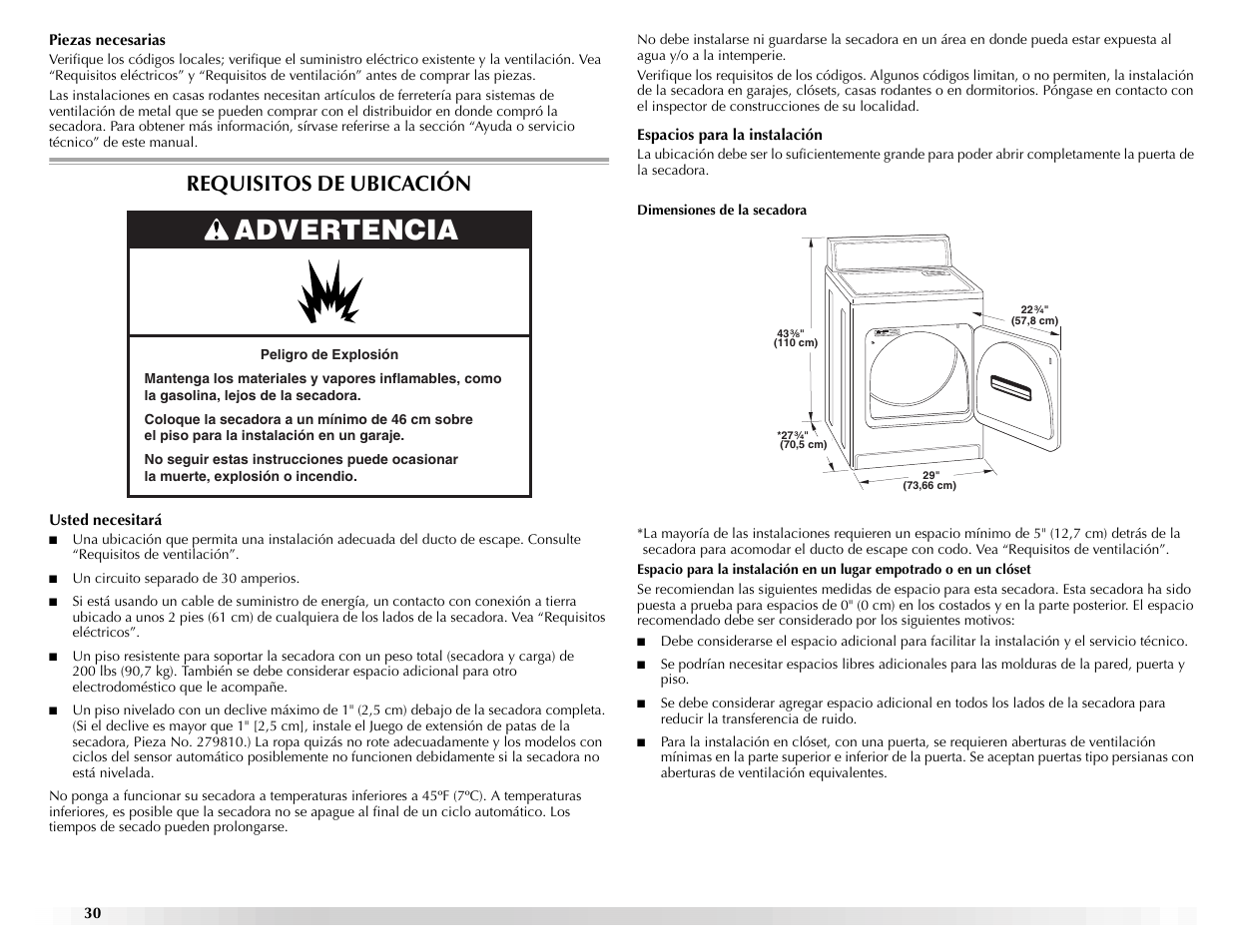 Advertencia, Requisitos de ubicación | Maytag ELECTRIC DYER User Manual | Page 30 / 72