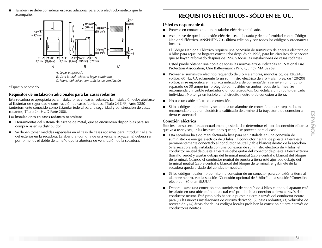 Requisitos eléctricos - sólo en ee. uu | Maytag ELECTRIC DYER User Manual | Page 31 / 72