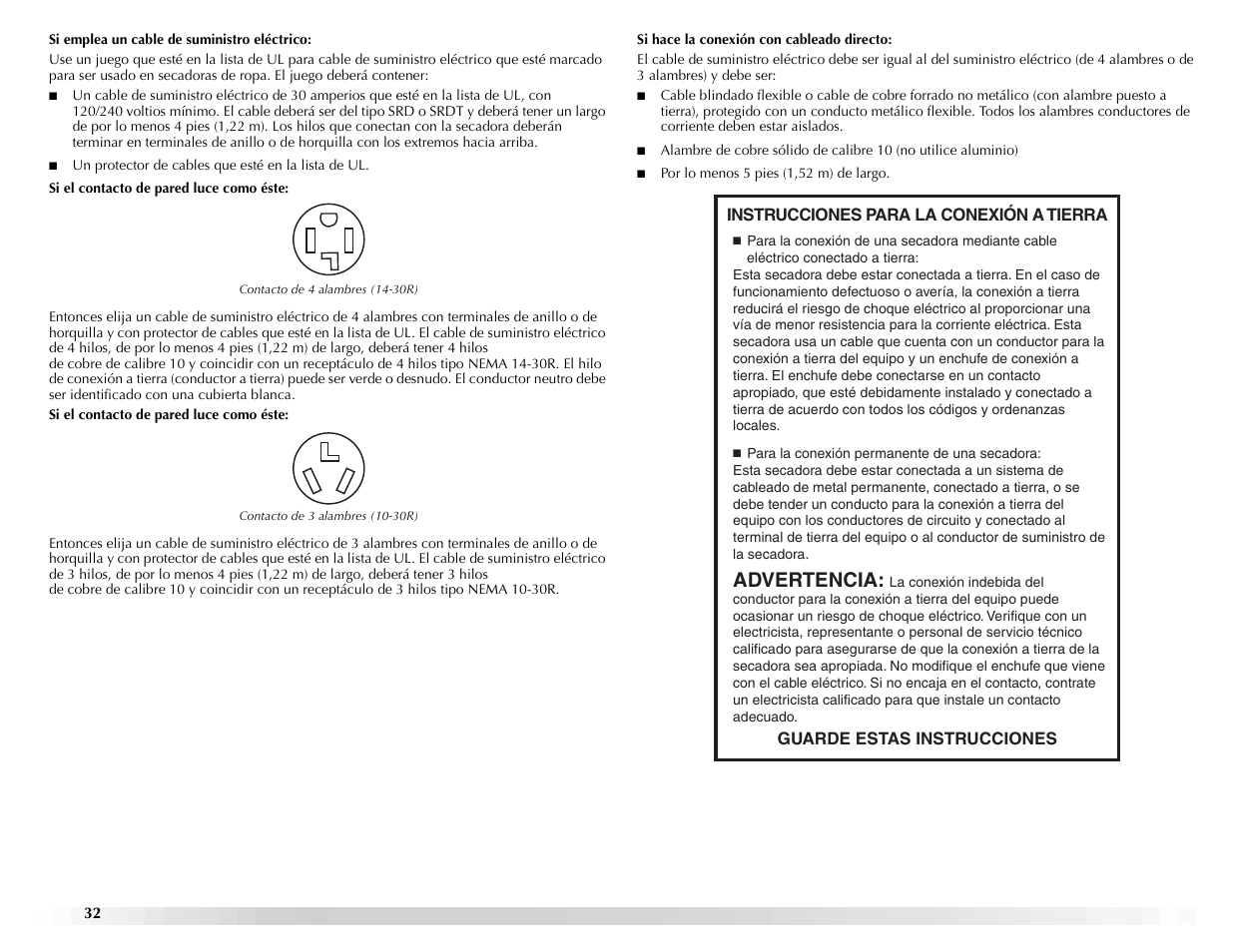 Advertencia | Maytag ELECTRIC DYER User Manual | Page 32 / 72