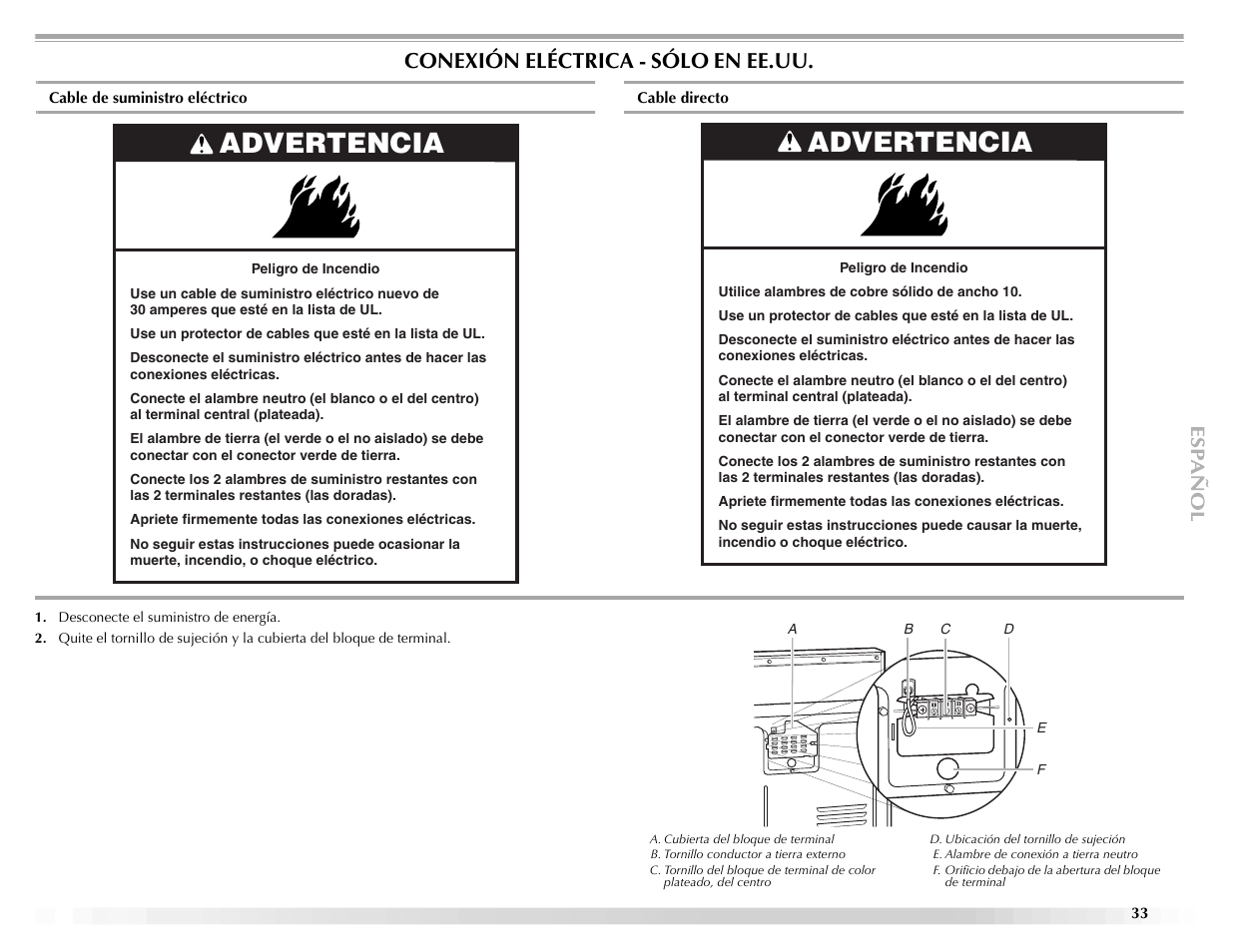 Advertencia, Conexión eléctrica - sólo en ee.uu | Maytag ELECTRIC DYER User Manual | Page 33 / 72