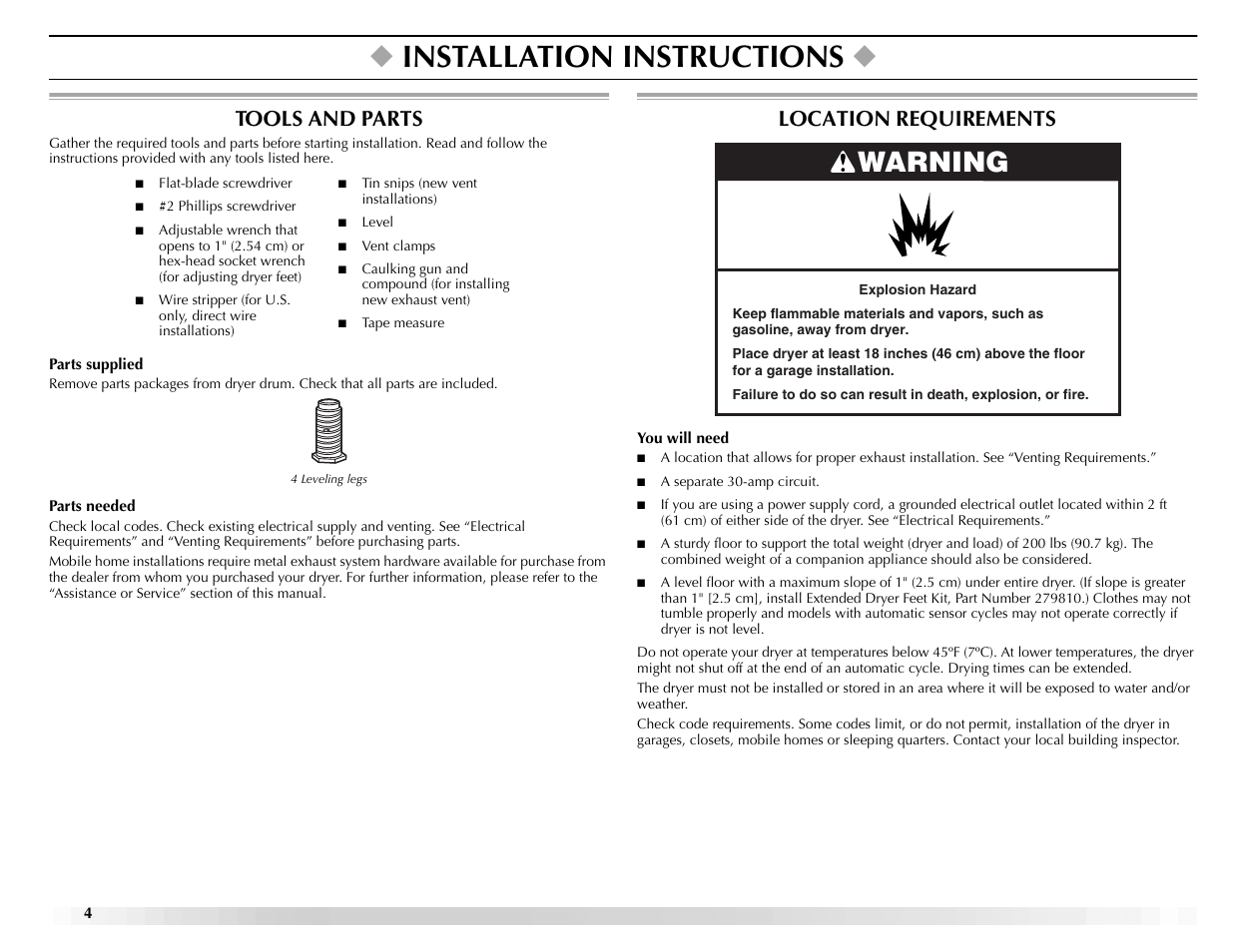 Installation instructions, Warning, Tools and parts | Location requirements | Maytag ELECTRIC DYER User Manual | Page 4 / 72