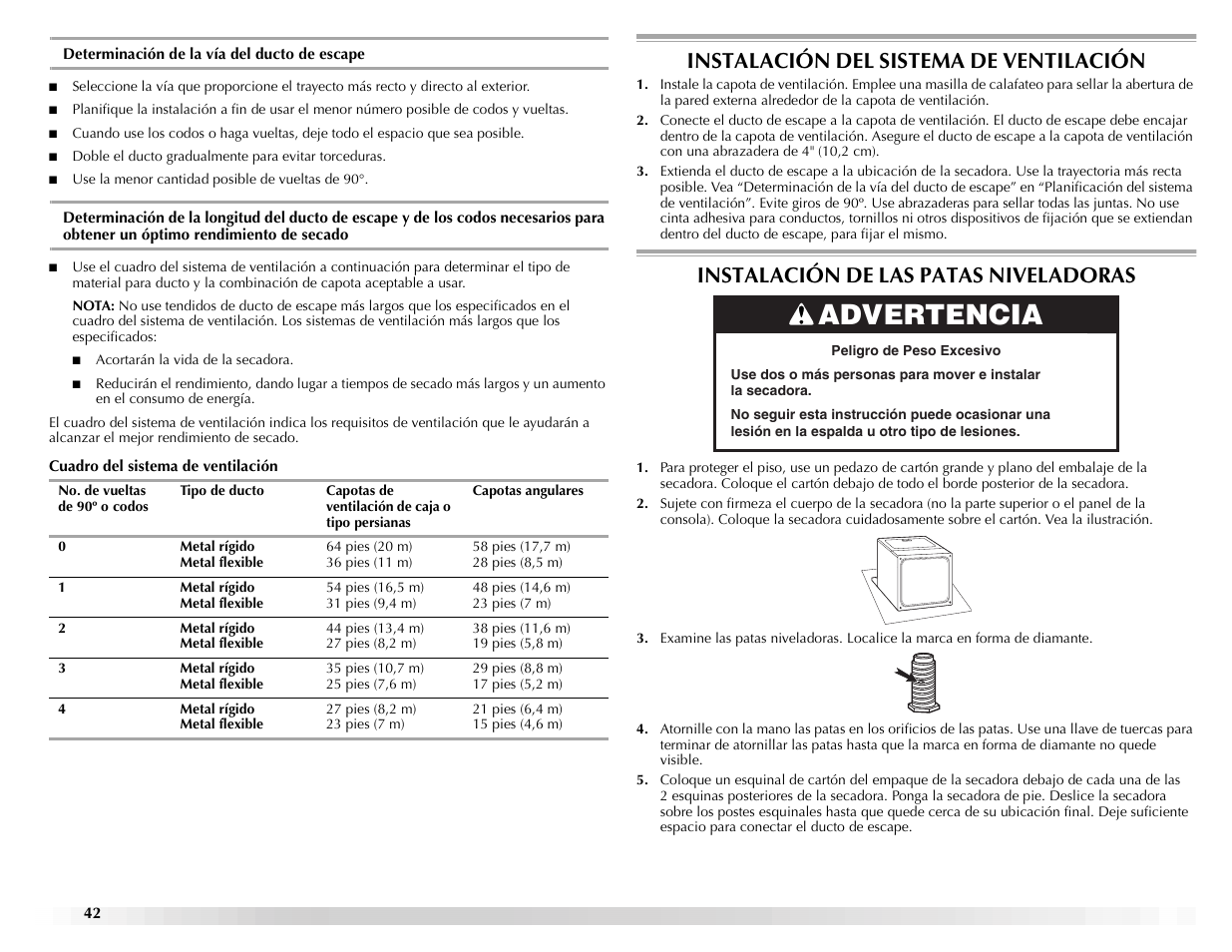 Advertencia, Instalación del sistema de ventilación, Instalación de las patas niveladoras | Maytag ELECTRIC DYER User Manual | Page 42 / 72