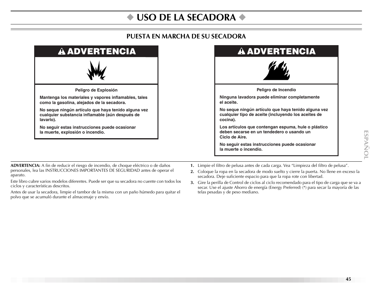 Uso de la secadora, Advertencia | Maytag ELECTRIC DYER User Manual | Page 45 / 72