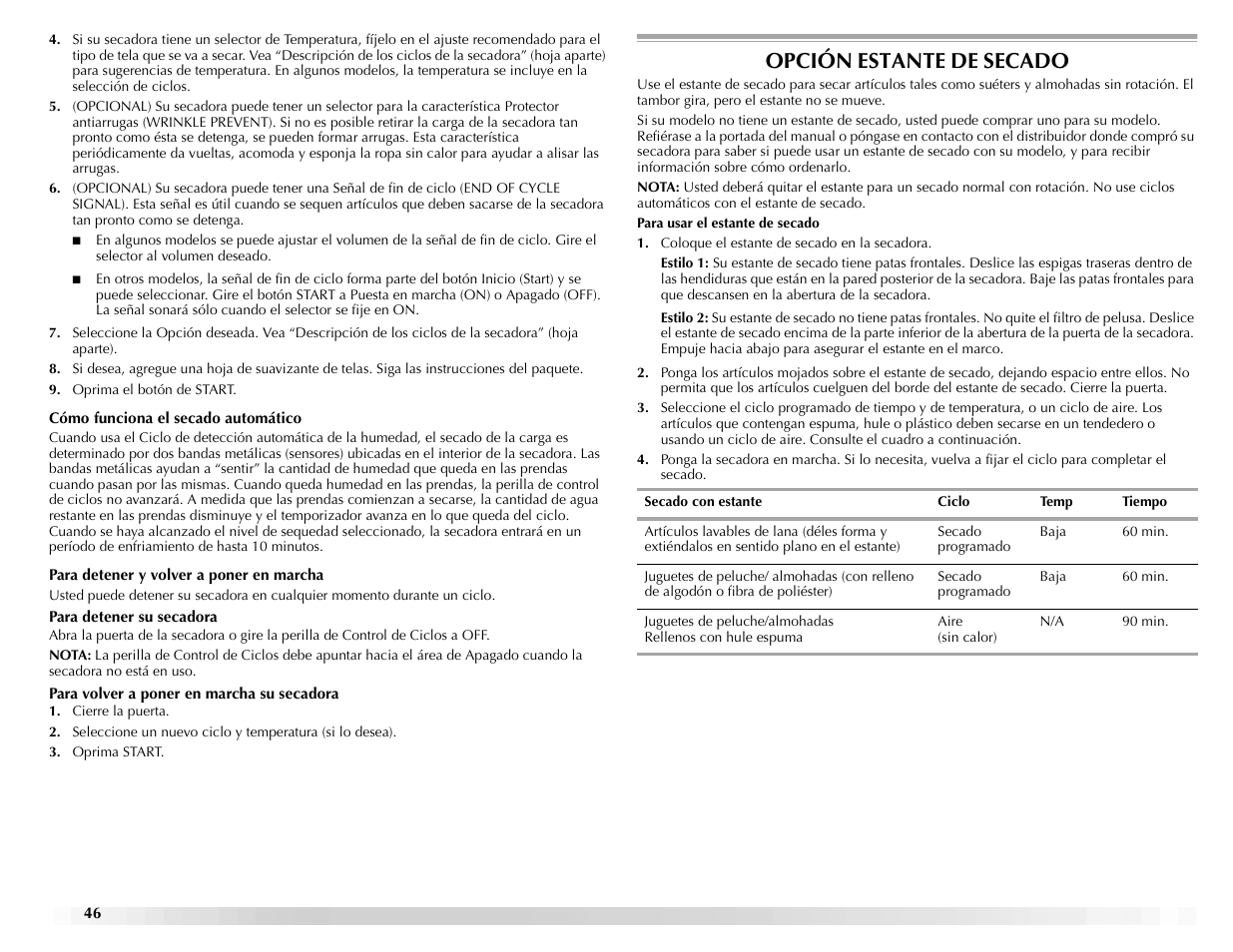 Opción estante de secado | Maytag ELECTRIC DYER User Manual | Page 46 / 72
