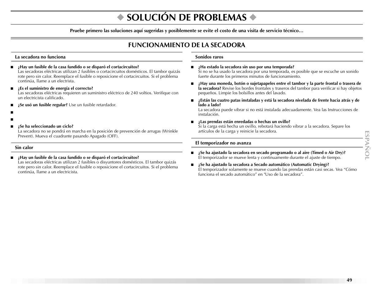 Solución de problemas, Funcionamiento de la secadora | Maytag ELECTRIC DYER User Manual | Page 49 / 72