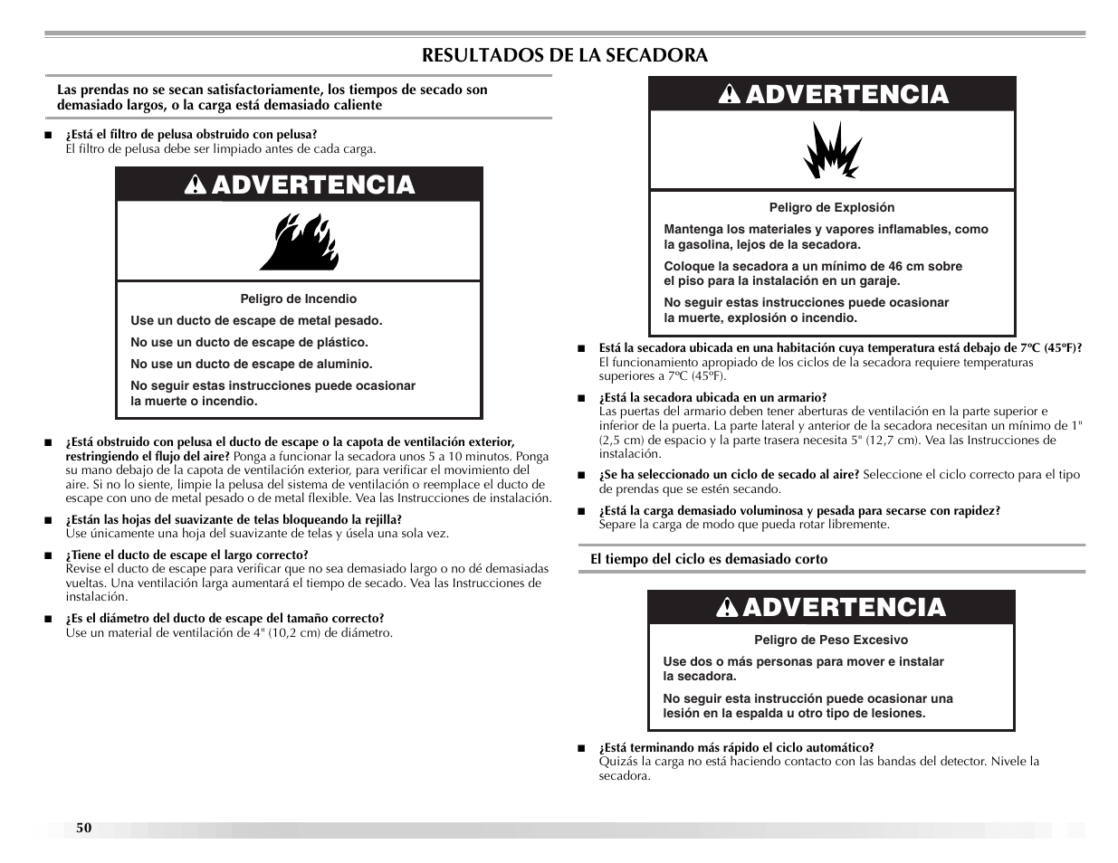 Advertencia, Resultados de la secadora | Maytag ELECTRIC DYER User Manual | Page 50 / 72