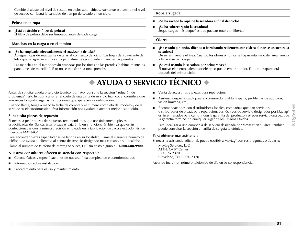 Ayuda o servicio técnico | Maytag ELECTRIC DYER User Manual | Page 51 / 72