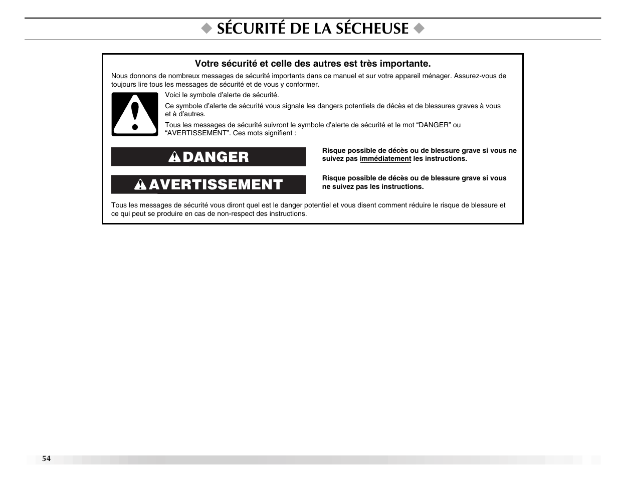 Sécurité de la sécheuse, Avertissement danger | Maytag ELECTRIC DYER User Manual | Page 54 / 72