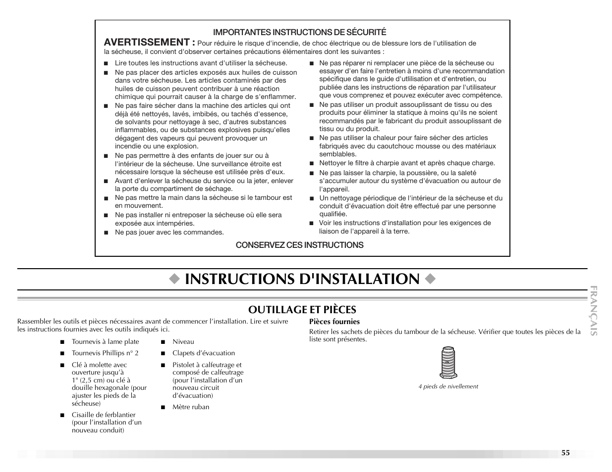 Instructions d'installation, Outillage et pièces, Avertissement | Maytag ELECTRIC DYER User Manual | Page 55 / 72