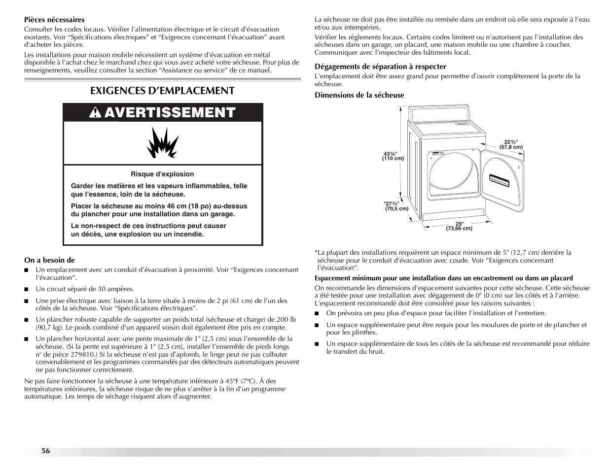 Avertissement, Exigences d’emplacement | Maytag ELECTRIC DYER User Manual | Page 56 / 72